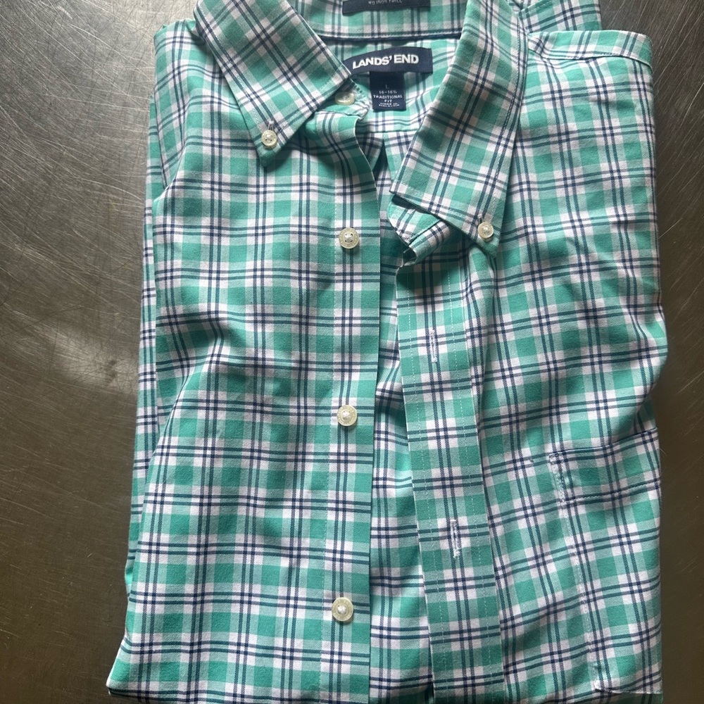 Lands' End Green and White Casual Button Down Shirt